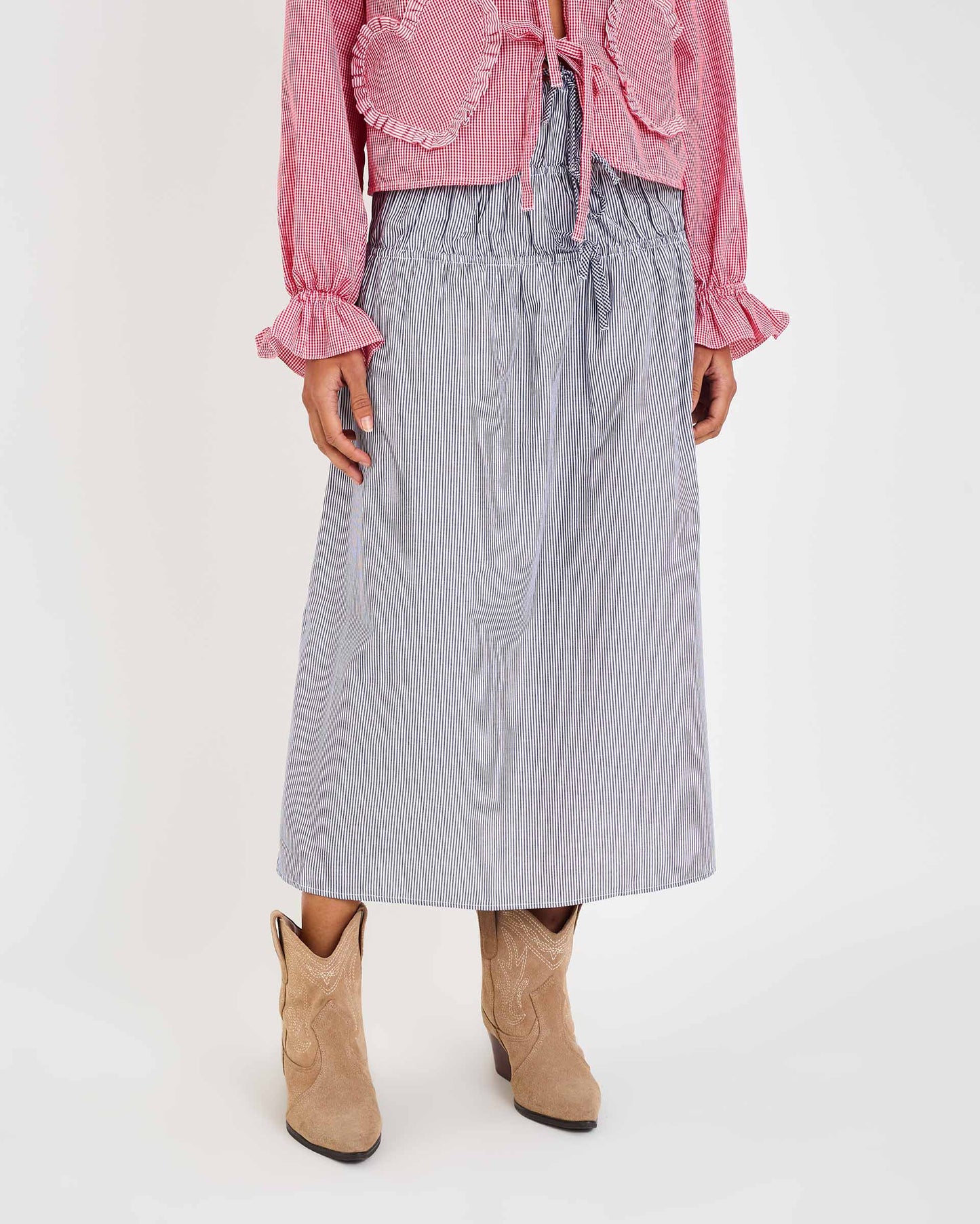 BLUE CHECKERD LOV MIDI SKIRT