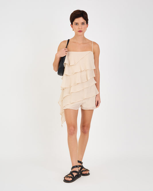 BEIGE RED RUFFLED JUMPSUIT